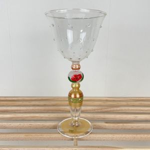Hand Painted Signed Wine Glass Bohemian Gold Flower‎ Floral Textured 8.5"